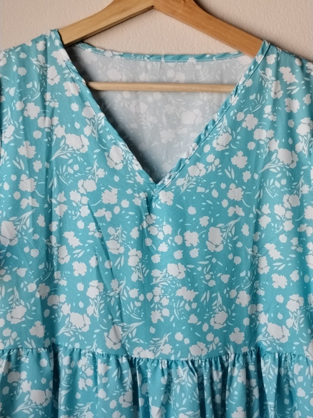 Classic Aqua Floral Women's Dress with Ruffle Sleeves - Picture 2 of 10